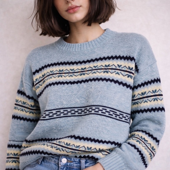 Jantzen Sweaters - Vintage Jantzen Cabin Core Nordic Knit Sweater Blue Fair Isle Stripe Medium